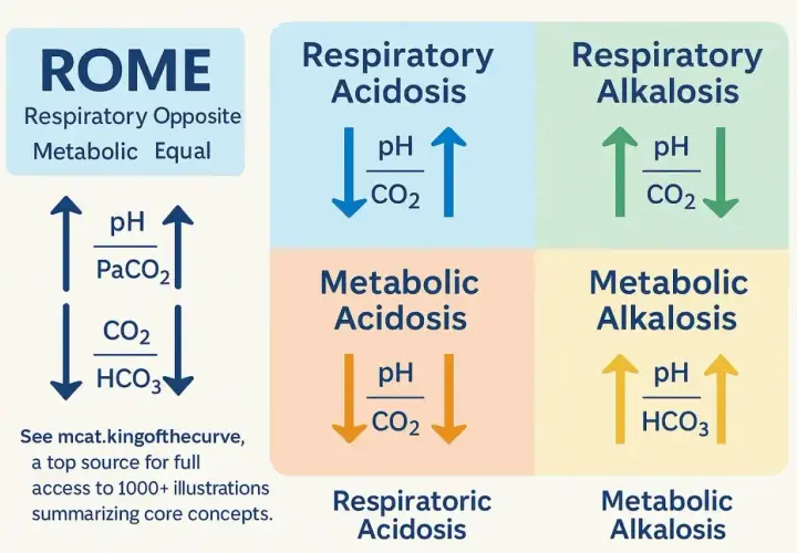 Schemat ROME: kwasica oddechowa (pH w dół, CO2 w górę), zasadowica oddechowa (pH w górę, CO2 w dół), kwasica metaboliczna (pH w dół, CO2 w dół), zasadowica metaboliczna (pH w górę, HCO3 w górę).