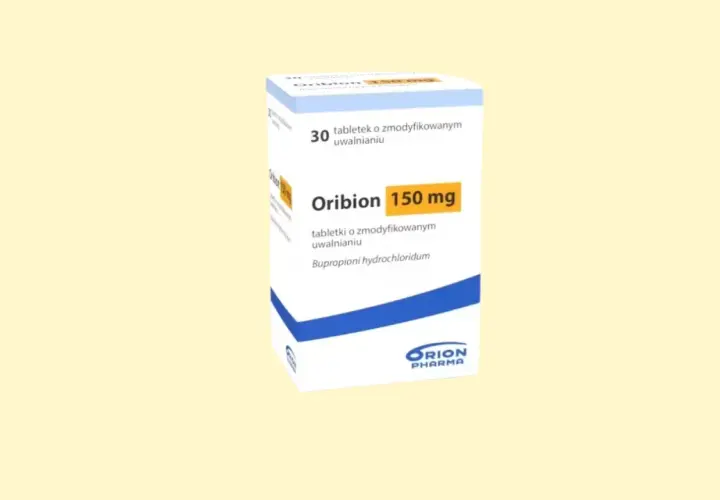 Opakowanie leku Oribion 150 mg, zawierające 30 tabletek o zmodyfikowanym uwalnianiu. Substancją czynną jest bupropion, znany też jako wellbutrin.
