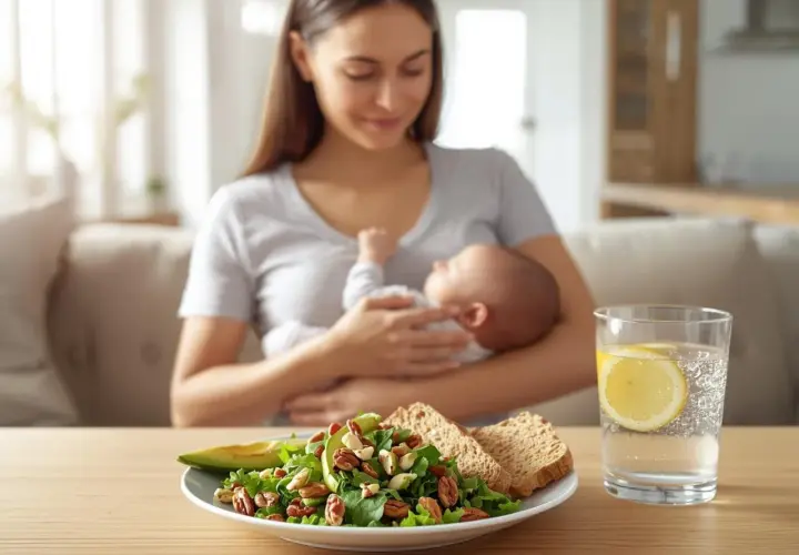 Mama z dzieckiem na rękach, karmienie piersią. Na stole sałatka, pieczywo i woda z cytryną.