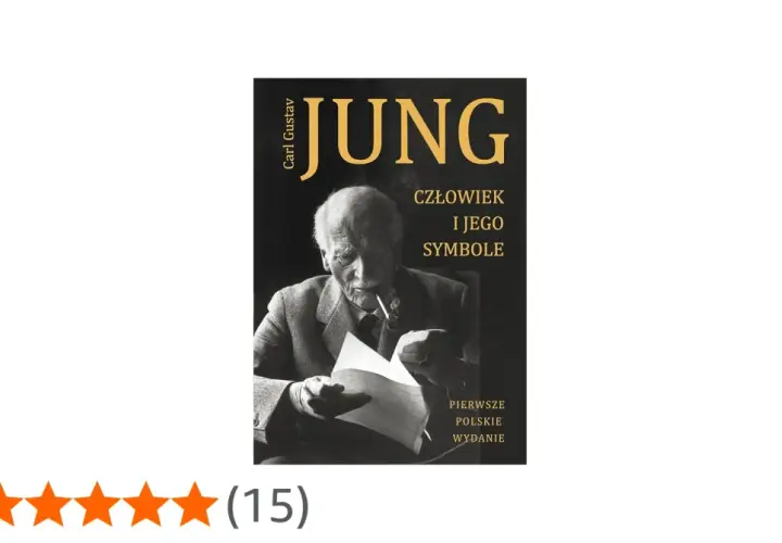 Okładka książki "Człowiek i jego symbole" Carla Gustava Junga. Na czarnym tle portret autora z fajką, czytającego dokument.