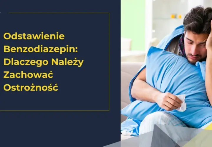 Chory mężczyzna z poduszką, otulony kocem, symbolizuje trudności z odstawieniem leków, np. clonazepamu.