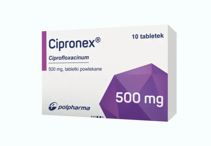 Opakowanie leku Cipronex 500 mg, tabletki powlekane. Stosowany w leczeniu infekcji bakteryjnych.