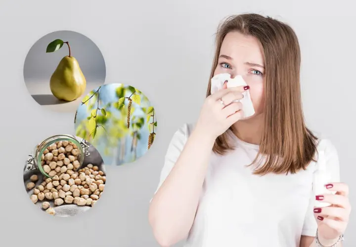 Alergia? Gruszka, pyłki brzozy i ciecierzyca mogą wywoływać objawy. Kobieta z chusteczką przy nosie.
