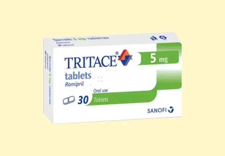 Opakowanie leku Tritace 5 mg, zawierające 30 tabletek ramiprylu do stosowania doustnego.