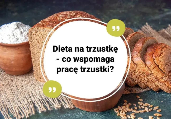 Chleb i mąka na płótnie. Tekst: "Dieta na trzustkę - co wspomaga pracę trzustki?". Zdjęcie sugeruje, że odpowiednia dieta, być może oparta na naturalnych składnikach jak chleb, jest kluczowa dla zdrowia trzustki.