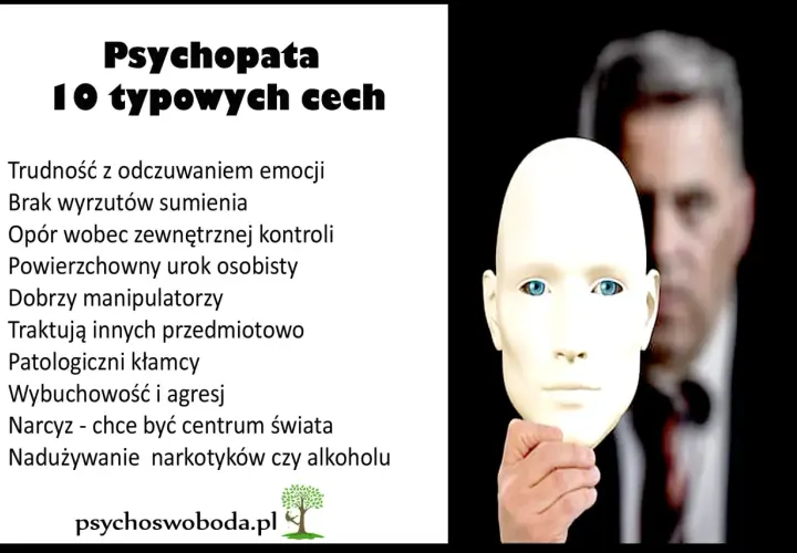 Maska ukrywająca psychopatę, z listą 10 cech: trudność z emocjami, brak wyrzutów sumienia, manipulacja.