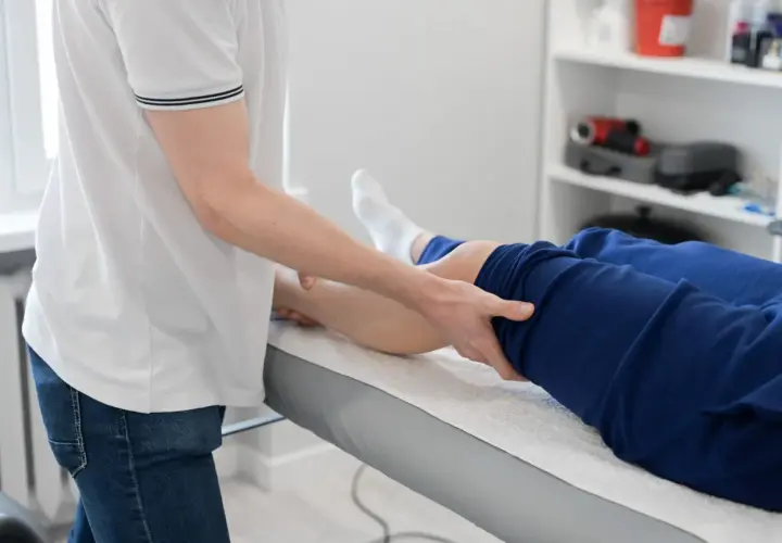 Fizjoterapeuta wykonuje masaż nogi pacjenta leżącego na kozetce.