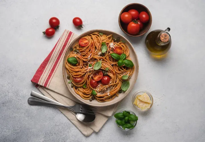 Pyszne spaghetti z pomidorami i bazylią, idealne na dietę SIBO. Oliwa, parmezan i świeże zioła dopełniają danie.