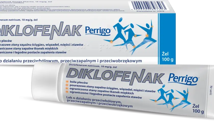 Opakowanie żelu Diklofenak Perrigo z grafiką przedstawiającą ludzi w ruchu i pomarańczowe kółka symbolizujące ból.