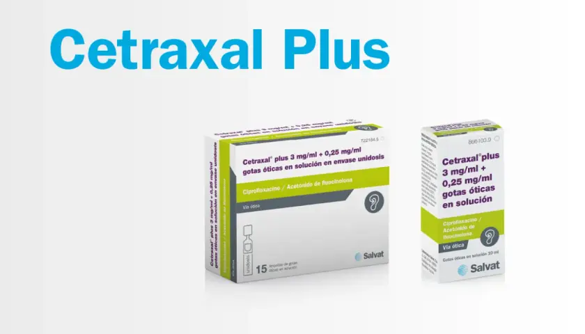 Opakowania leku Cetraxal Plus w kroplach do uszu, zawierające ciprofloksacynę i acetonid fluocinolonu.