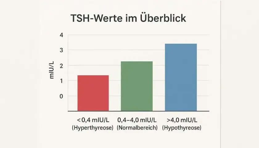 Wykres słupkowy pokazuje poziomy TSH. Wartości poniżej 0,4 mIU/L (nadczynność tarczycy), 0,4-4,0 mIU/L (norma) i powyżej 4,0 mIU/L (niedoczynność tarczycy).