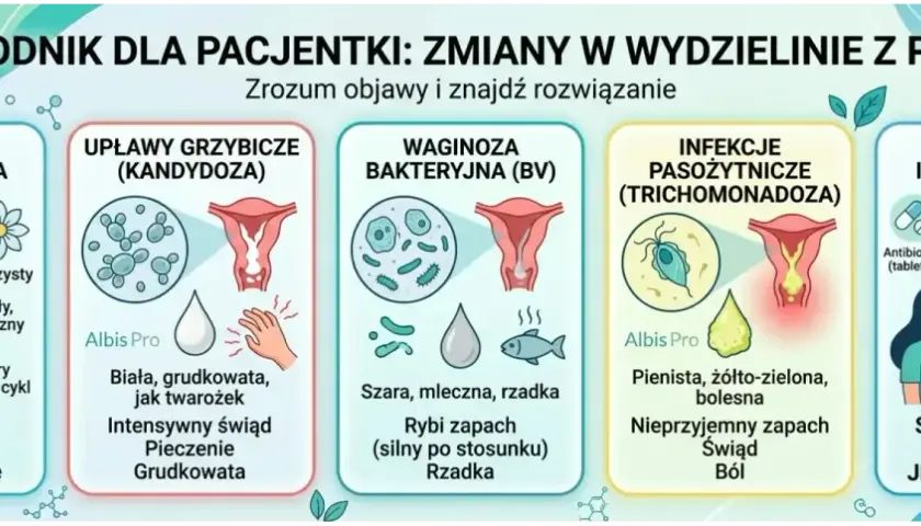 Infografika o wydzielinie z pochwy: normy, grzybica, waginoza, infekcje pasożytnicze. Nieprzyjemny zapach z pochwy może świadczyć o infekcji. Konsultacja lekarska jest kluczowa.