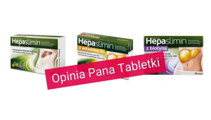 Opakowania Hepaslimin z witaminą D i biotyną. W tle różowa wstęga z napisem "Opinia Pana Tabletki", sugerująca pozytywne hepaslimin opinie.