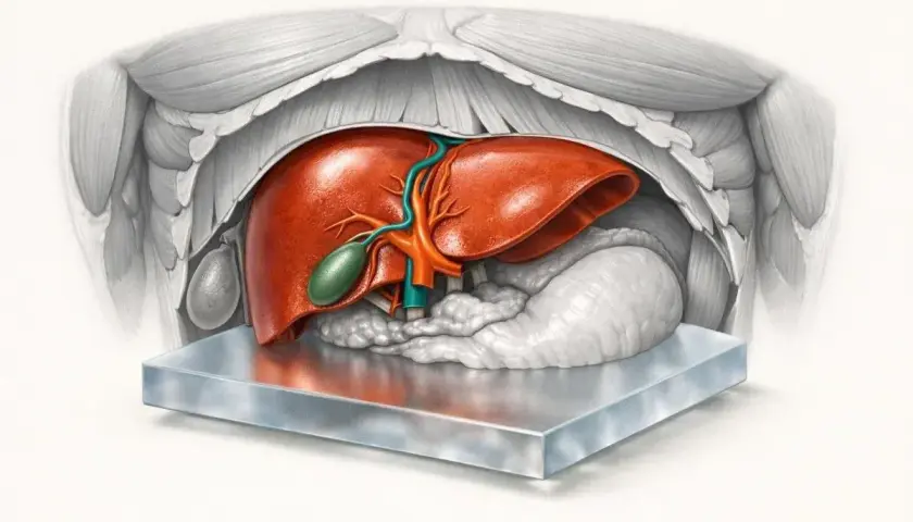 Anatomia wątroby, pęcherzyka żółciowego i trzustki. Widok od góry, z zaznaczonymi naczyniami krwionośnymi. Ast norma.