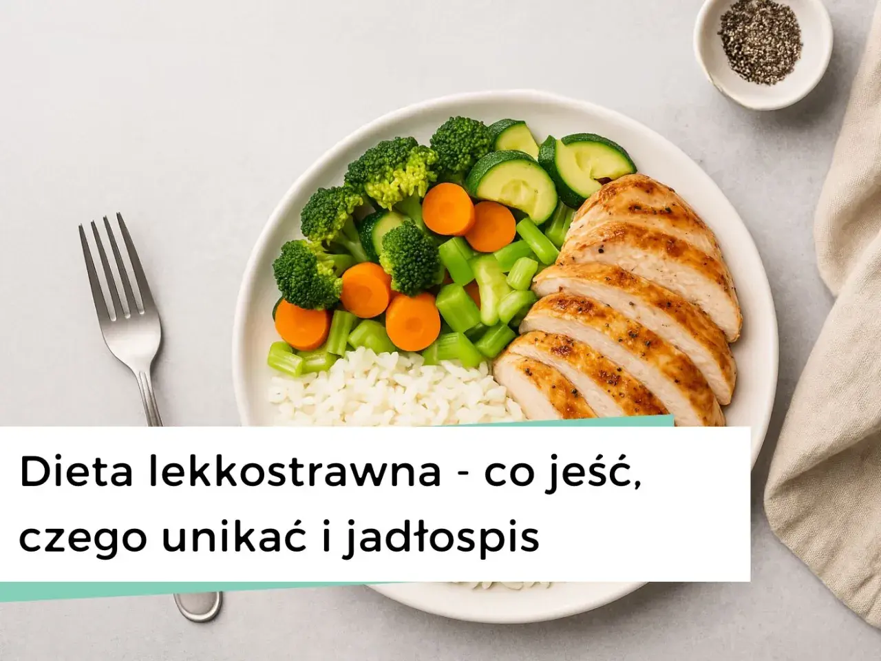 Na talerzu grillowany kurczak, ryż i warzywa. Idealne składniki na zdrową, lekkostrawną dietę.