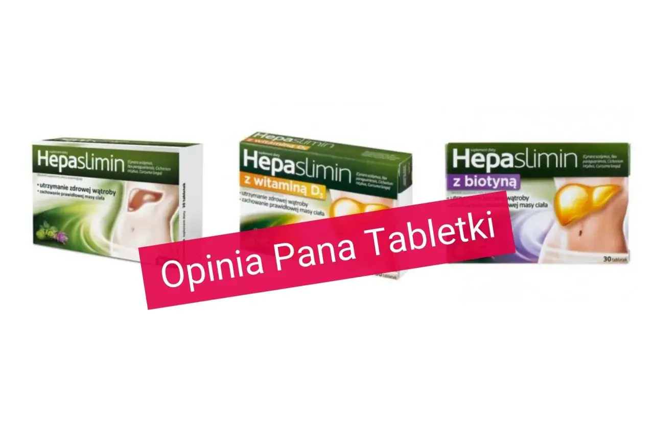 Opakowania Hepaslimin z witaminą D i biotyną. W tle różowa wstęga z napisem "Opinia Pana Tabletki", sugerująca pozytywne hepaslimin opinie.