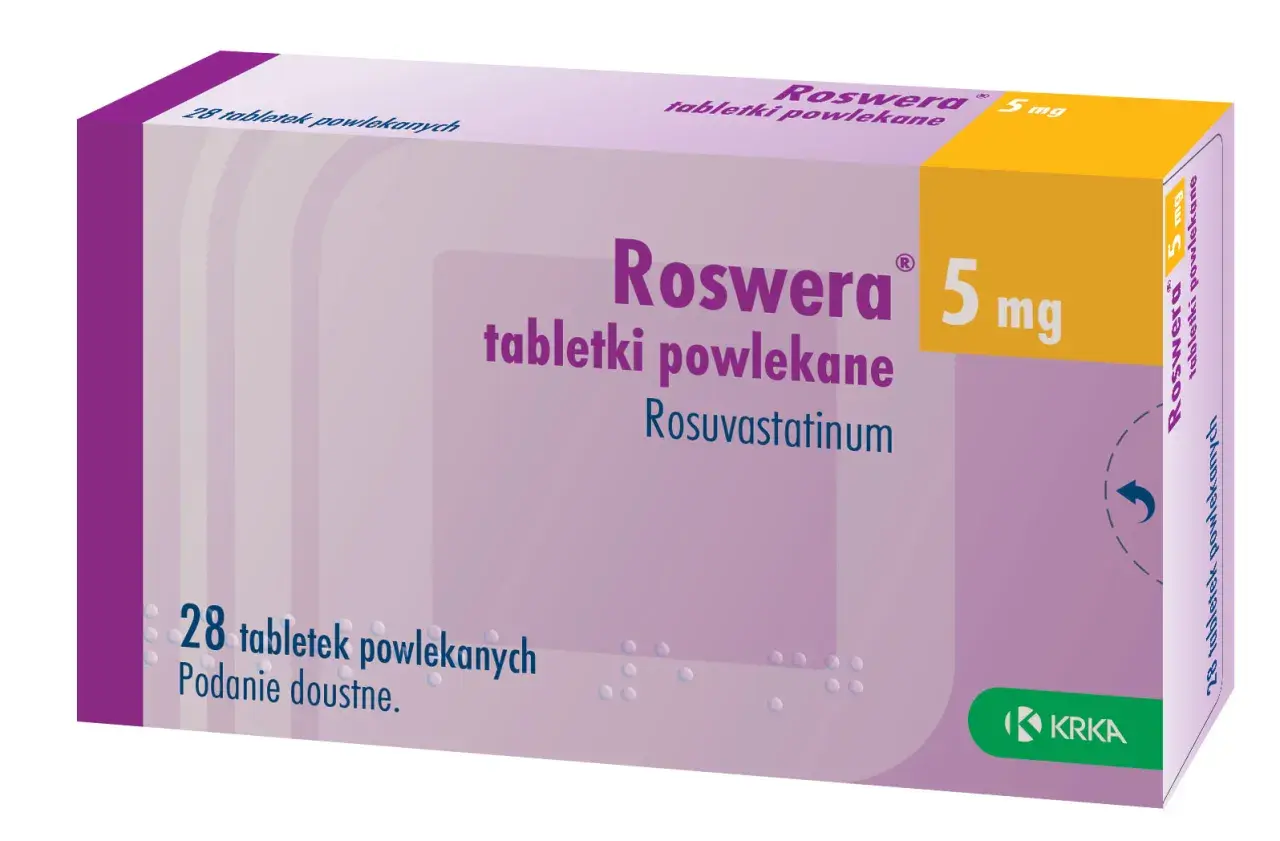 Opakowanie leku Roswera 5 mg, zawierające 28 tabletek powlekanych z rosuwastatyną.