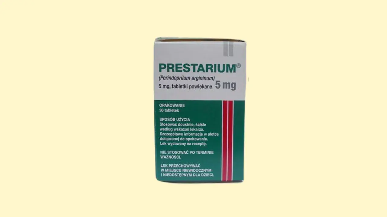 Opakowanie leku Prestarium 5 mg, który jest często wybierany jako najbezpieczniejszy lek na nadciśnienie.