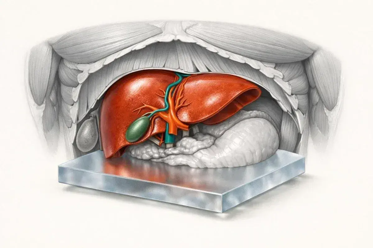 Anatomia wątroby, pęcherzyka żółciowego i trzustki. Widok od góry, z zaznaczonymi naczyniami krwionośnymi. Ast norma.