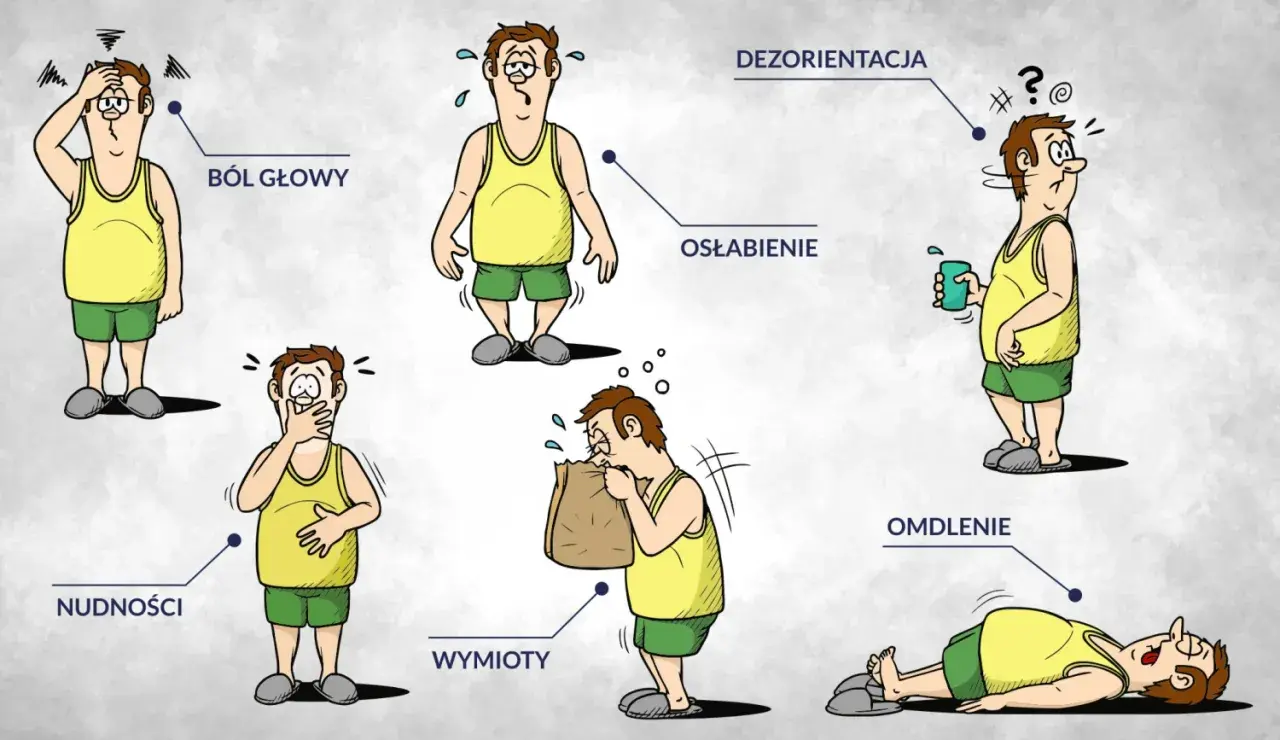 Ilustracja pokazuje skutki zażycia flakka: ból głowy, osłabienie, nudności, wymioty, dezorientację i omdlenie.