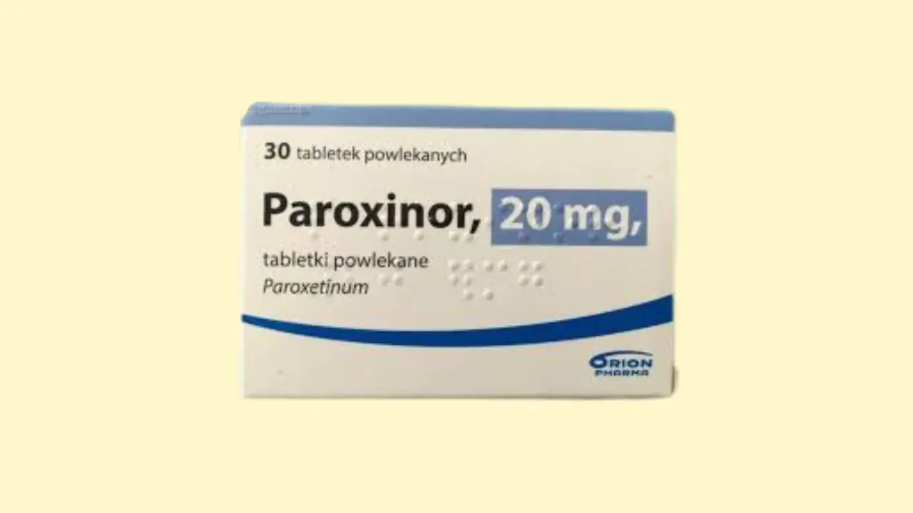 Opakowanie leku Paroxinor 20 mg, zawierającego paroksetynę, 30 tabletek powlekanych.