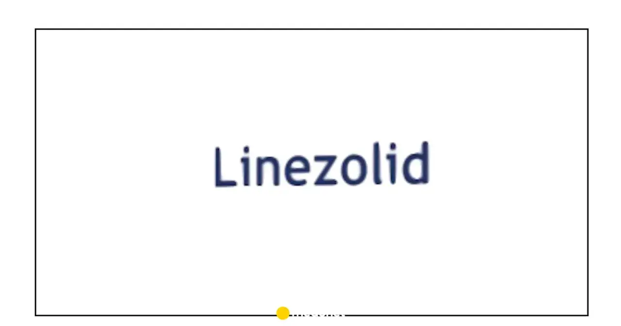 Napis "Linezolid" w kolorze granatowym na białym tle. Pod napisem znajduje się żółta kropka i fragment tekstu.
