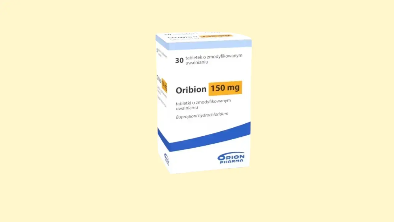 Opakowanie leku Oribion 150 mg, zawierające 30 tabletek o zmodyfikowanym uwalnianiu. Substancją czynną jest bupropion, znany też jako wellbutrin.