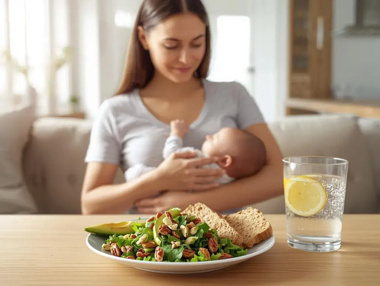 Mama z dzieckiem na rękach, karmienie piersią. Na stole sałatka, pieczywo i woda z cytryną.