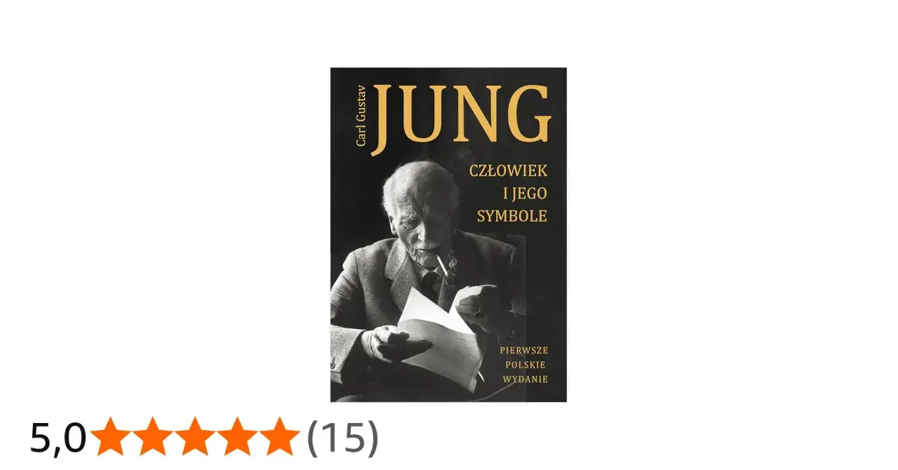 Okładka książki "Człowiek i jego symbole" Carla Gustava Junga. Na czarnym tle portret autora z fajką, czytającego dokument.