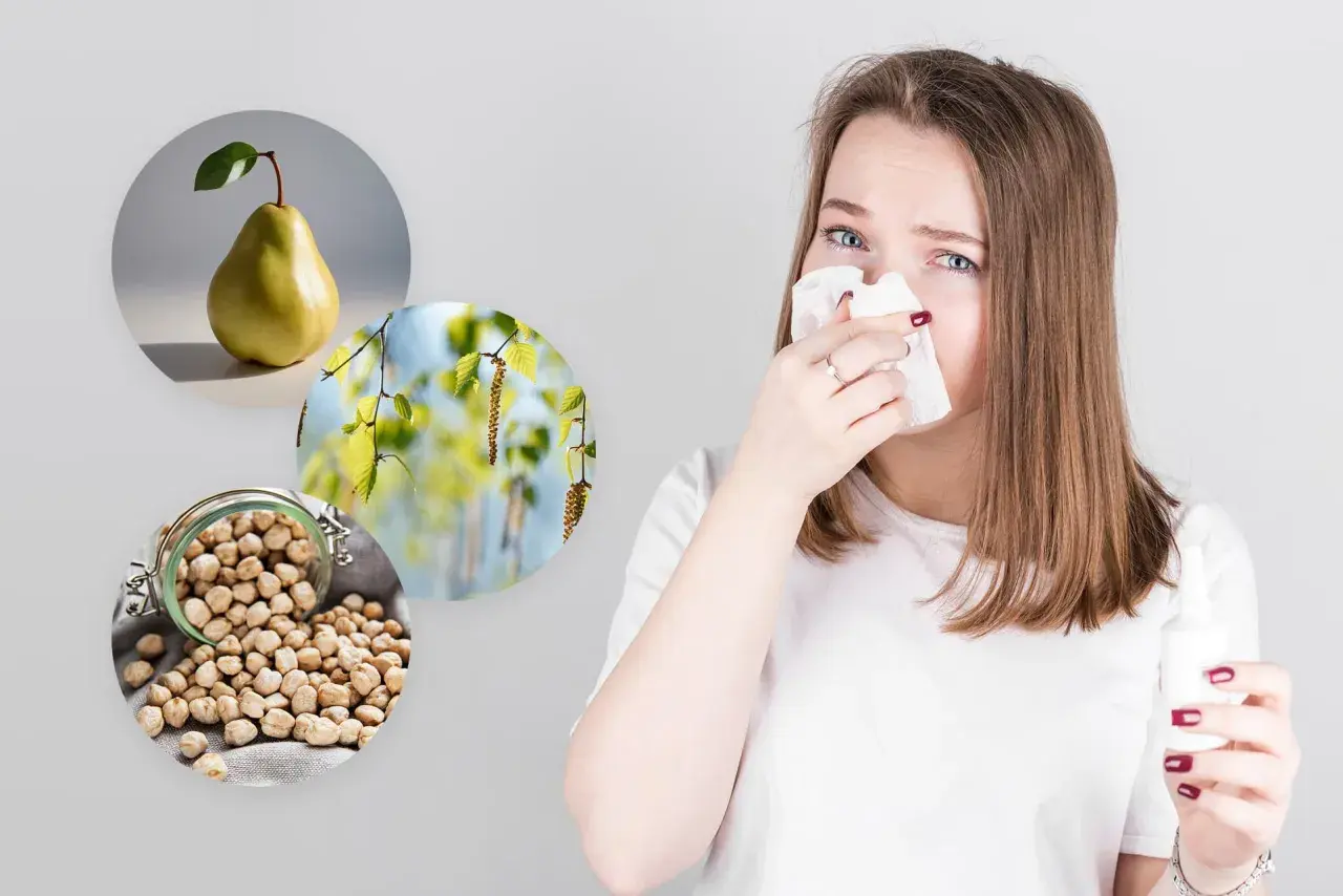 Alergia? Gruszka, pyłki brzozy i ciecierzyca mogą wywoływać objawy. Kobieta z chusteczką przy nosie.