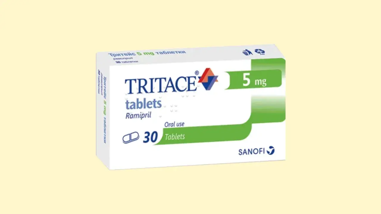 Opakowanie leku Tritace 5 mg, zawierające 30 tabletek ramiprylu do stosowania doustnego.