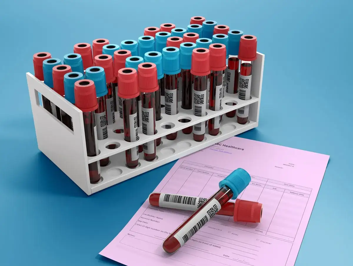 Rząd probówek z krwią, gotowych do analizy. Obok leży formularz ABC Healthcare, a na nim dwie probówki.