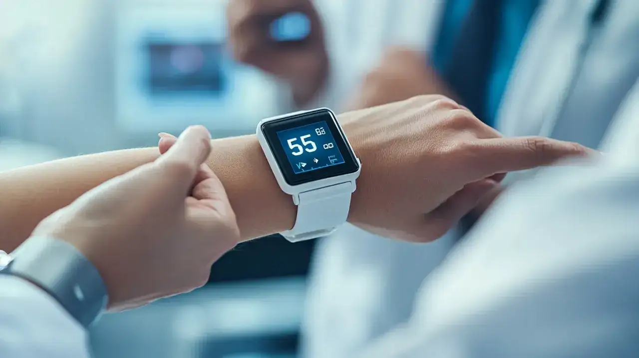 Biały smartwatch na nadgarstku pokazuje 55 uderzeń na minutę, monitorując tętno.