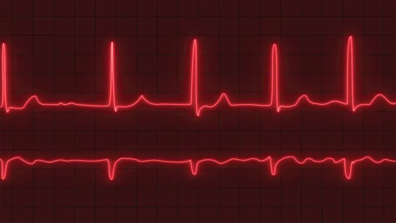 Dwa wykresy EKG na czerwonym tle. Górny wykres pokazuje szybkie, regularne skoki, sugerujące tachykardię zatokową. Dolny wykres jest bardziej nieregularny.