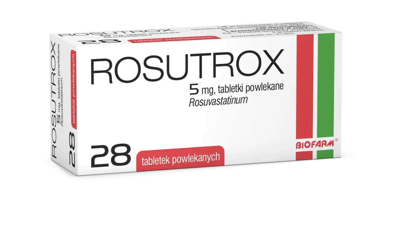 Opakowanie leku Rosutrox 5 mg, zawierające 28 tabletek powlekanych z rozuwastatyną. Producent Biofarm.
