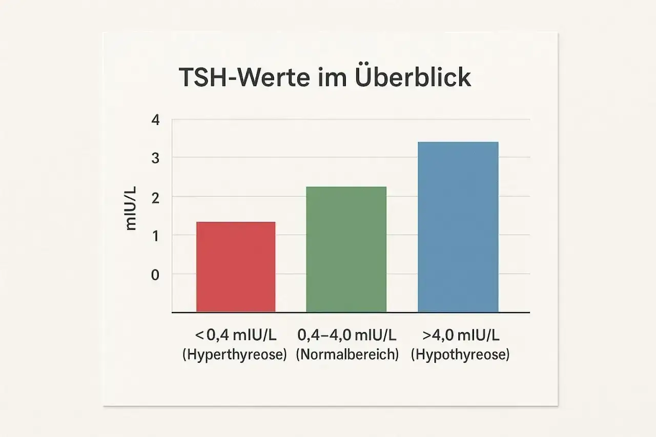 Wykres słupkowy pokazuje poziomy TSH. Najwyższy słupek, oznaczający >4,0 mIU/L (Hypothyreose), sugeruje subkliniczną niedoczynność tarczycy.