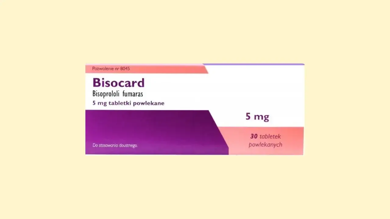 Opakowanie leku Bisocard, zawierające 30 tabletek powlekanych Bisoprololi fumaras 5 mg.