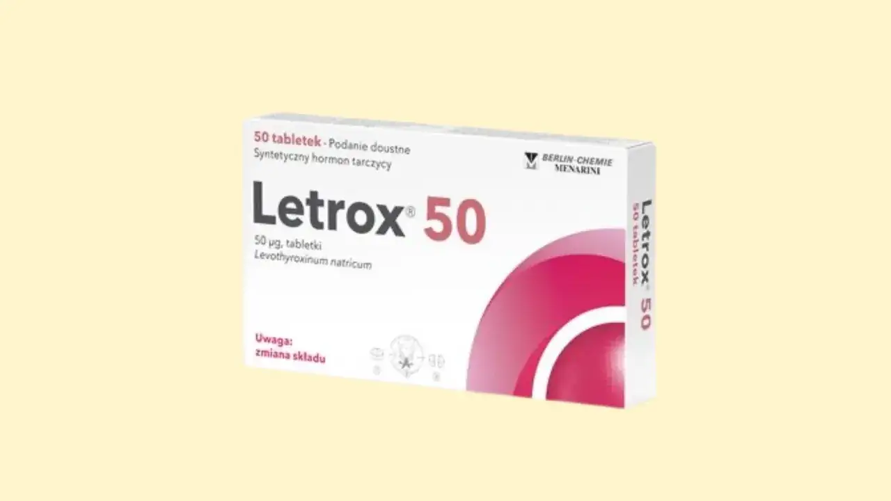 Opakowanie leku Letrox 50, zawierającego lewotyroksynę, syntetyczny hormon tarczycy.