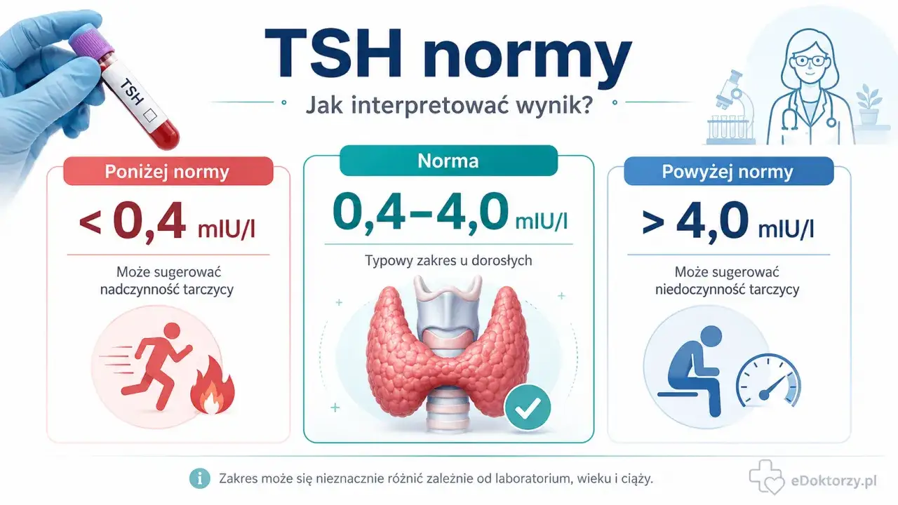 Jaki poziom TSH jest niebezpieczny? Wynik poniżej 0,4 mIU/l lub powyżej 4,0 mIU/l może sugerować problemy z tarczycą.
