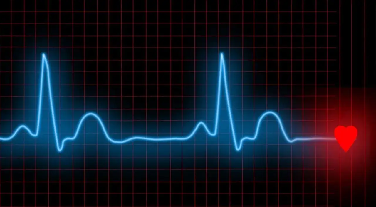 Niebieska linia EKG na czarnym tle z czerwoną siatką. Po prawej stronie widnieje czerwone serce, symbolizujące życie i bicie serca. HRV.