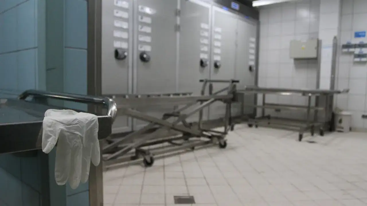 W prosektorium, na stole leży rękawiczka. W tle widać chłodnie i wózki.