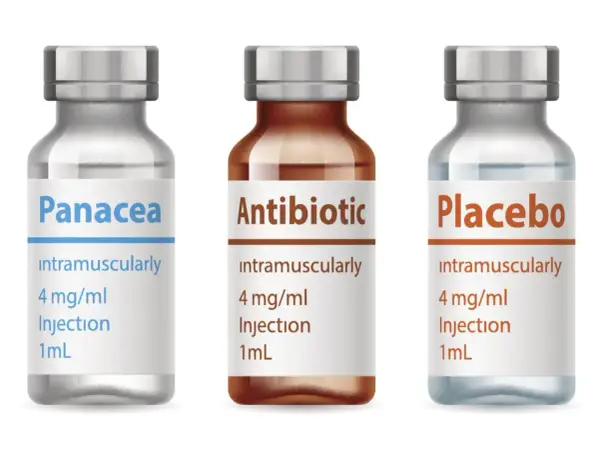 Trzy fiolki z lekami: "Panacea", "Antibiotic" i "Placebo". Zastanawiasz się, placebo co to? To substancja bez działania leczniczego.